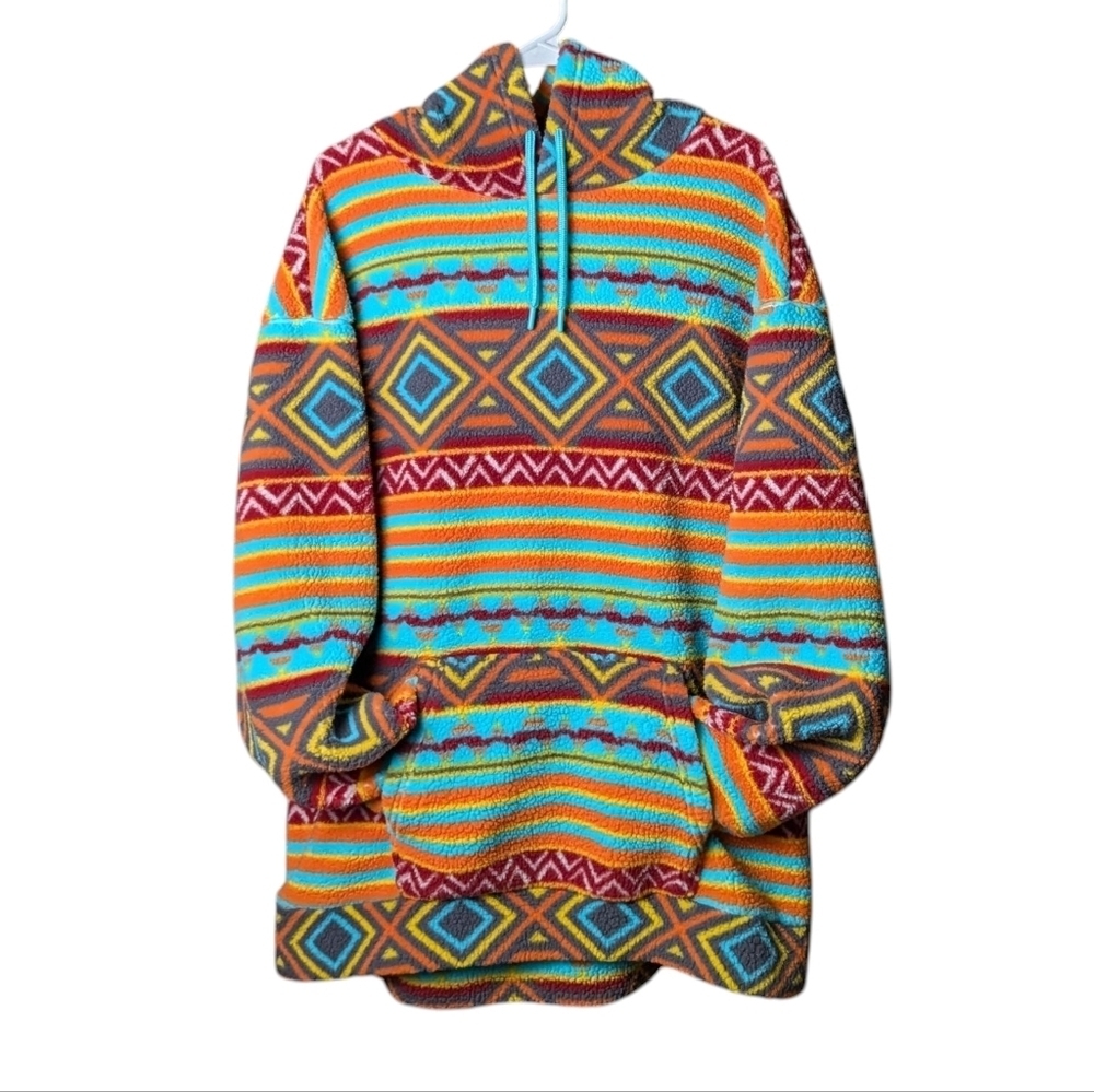 RF Aztec Bright Colorful Geometric Pattern Hoodie Drawstring Turquoise Like New - Picture 3 of 12